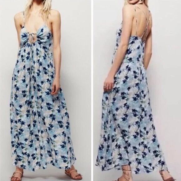 Free People Dresses & Skirts - FREE PEOPLE BLUE MULBERRY KEYHOLE MAXI DRESS XTRA SMALL BOHO STRAPPY